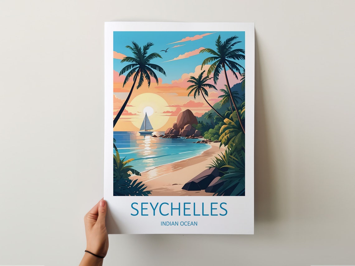 Seychelles Indian Ocean Sunset Beach Sailboat Palms View Poster - Image 5