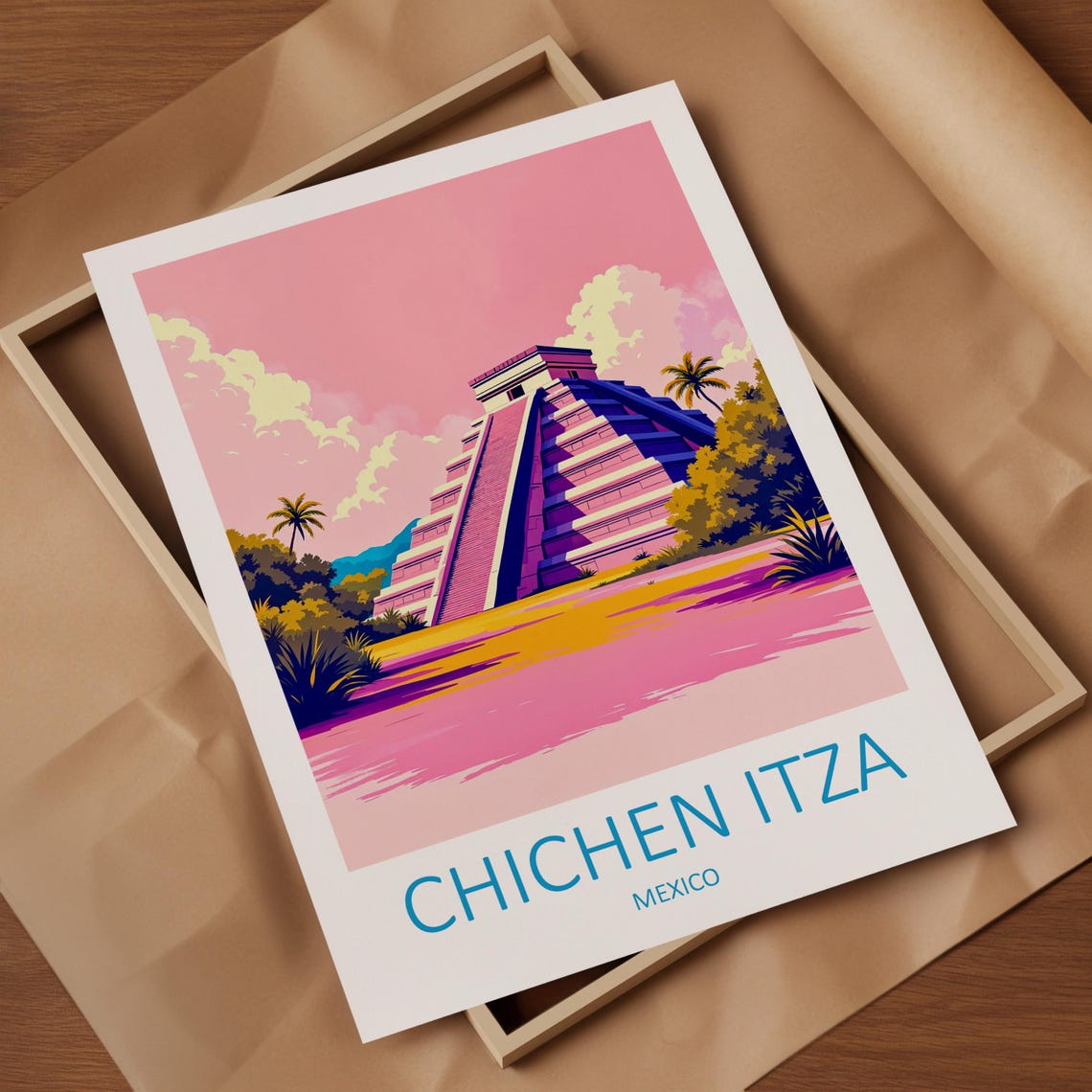 Chichen Itza Mexico Mayan Pyramid Pink Sunset Sky Travel Poster - Image 4