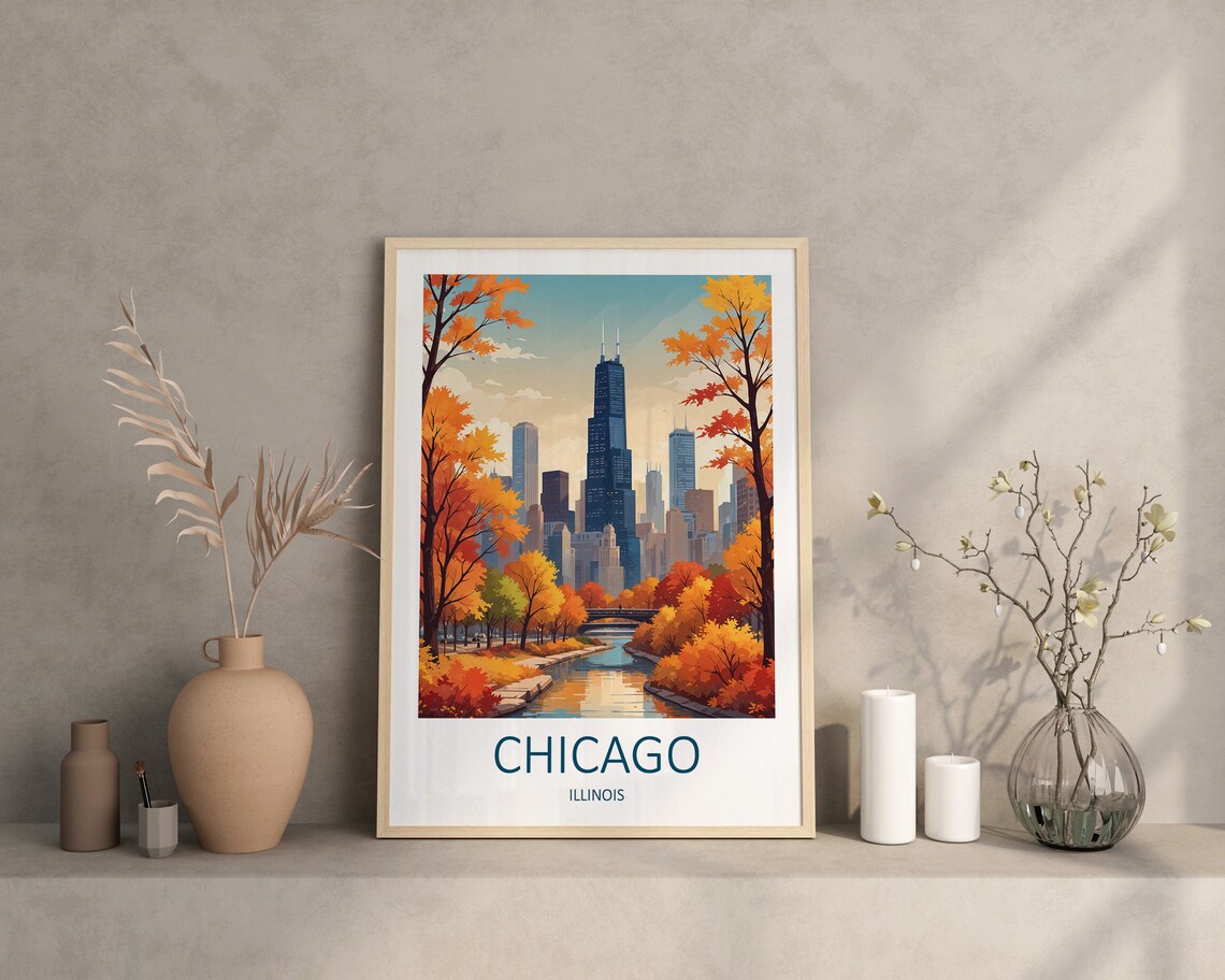 Chicago Illinois Skyline Golden Autumn Riverside Travel Poster - Image 4