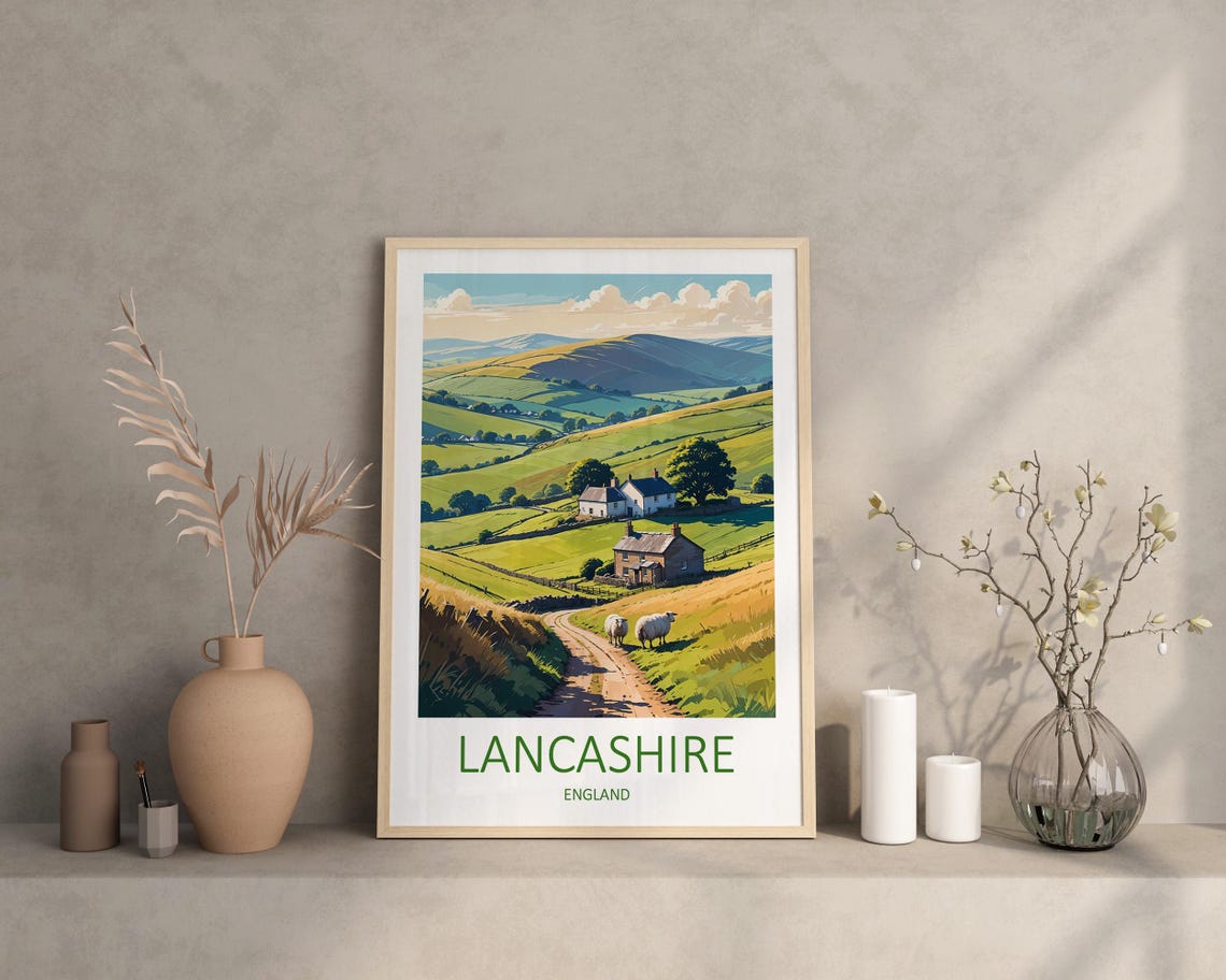 Lancashire Green Rolling Hills Sheep And Cottages Travel Poster - Image 3