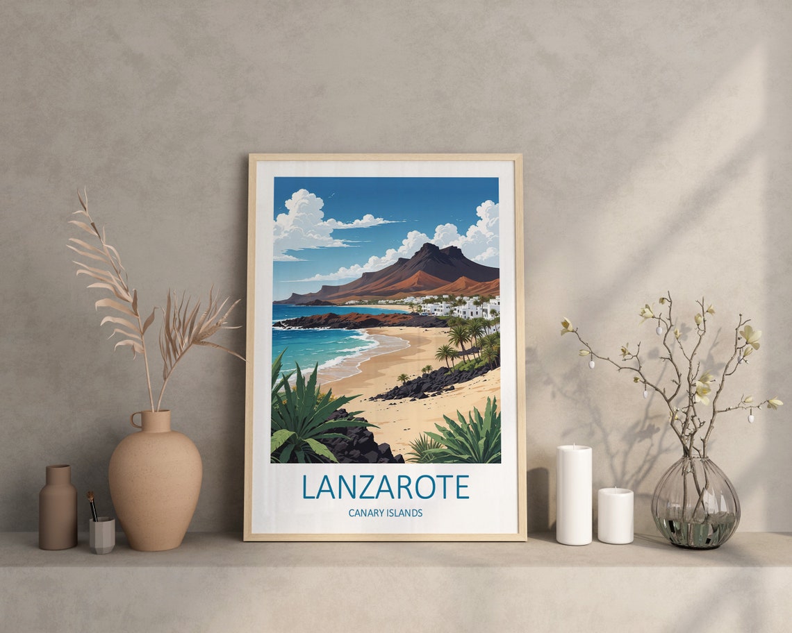 Lanzarote Canary Islands Volcano Golden Beach Palms Travel Poster - Image 4
