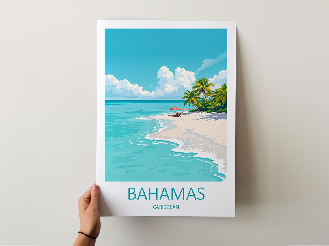 Bahamas Caribbean White Sand Beach With Palms and Umbrellas Poster - Image 5
