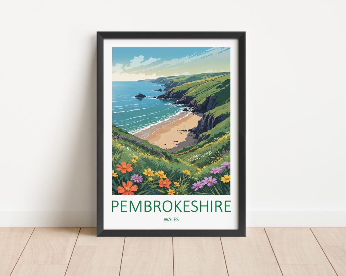 Pembrokeshire Wales Wildflower Cliff Coast Beach Travel Poster