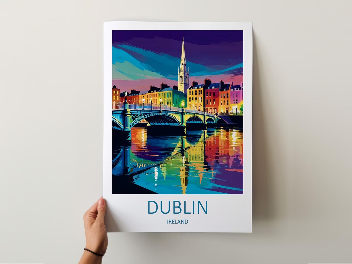 Dublin Ireland Night River Bridge City Lights Vintage Travel Poster - Image 5