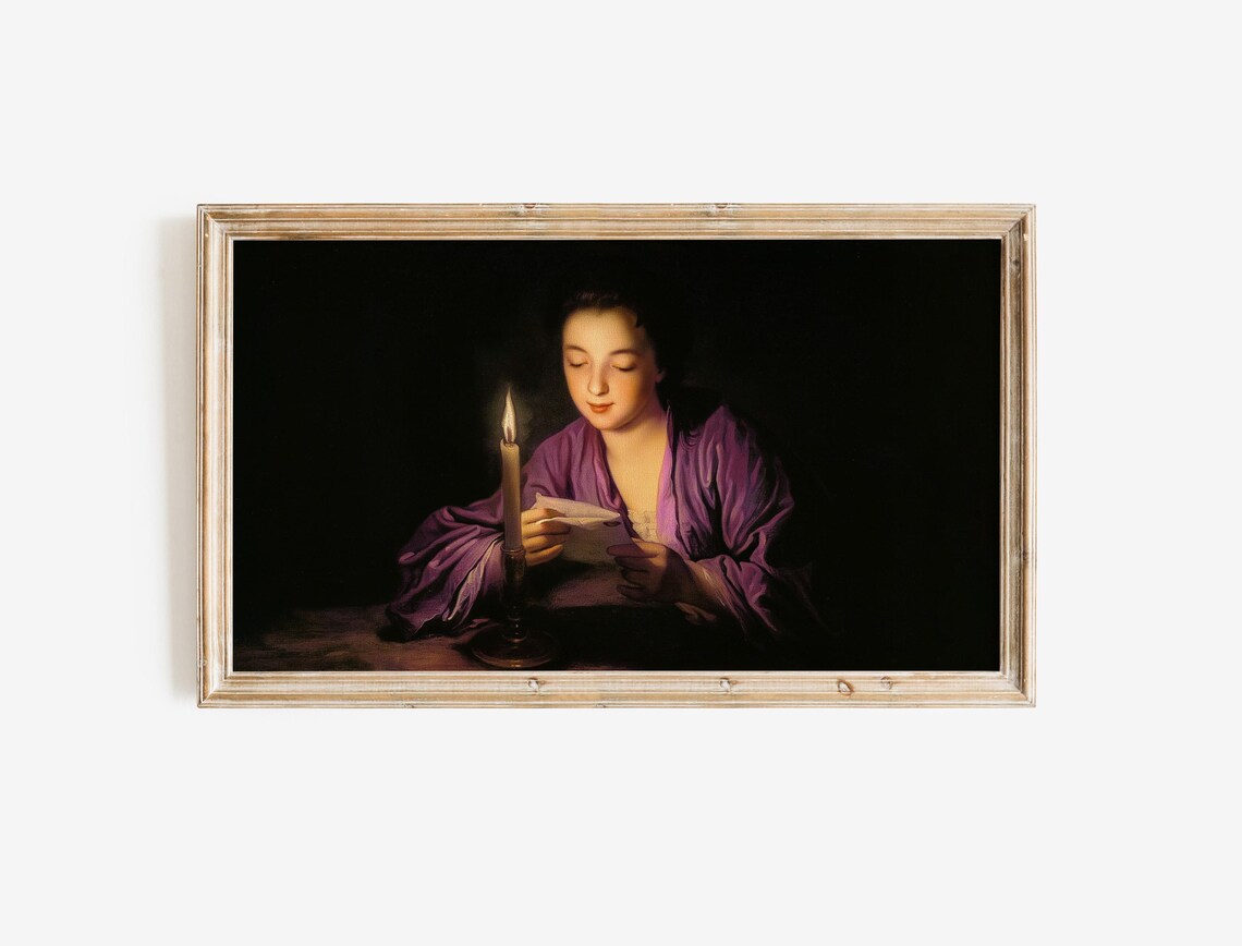 Candlelight Letter Woman Purple Robe Moody Vintage Painting Poster - Image 2
