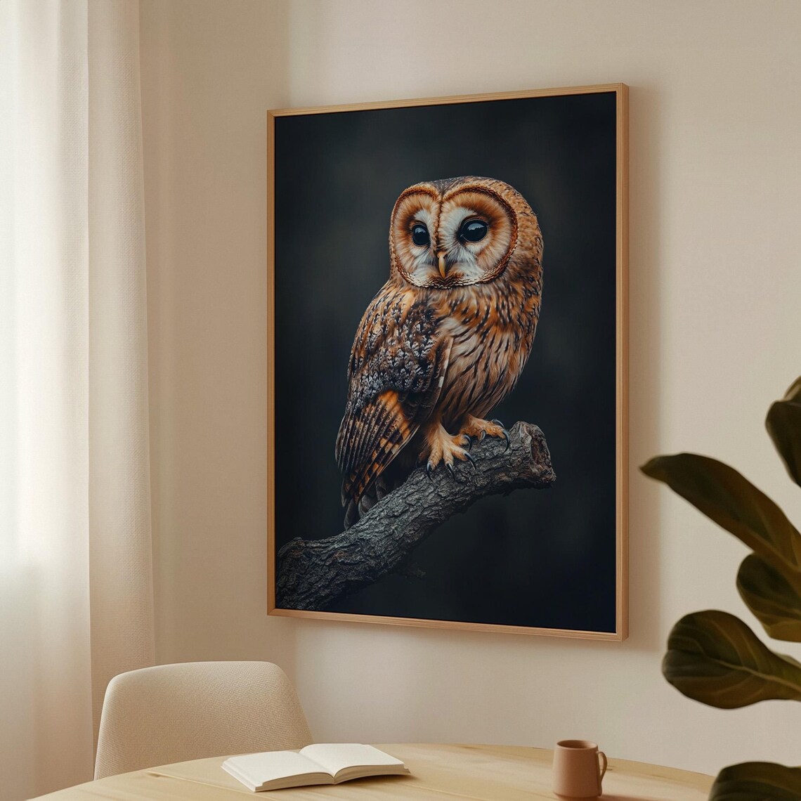 Tawny Owl Portrait on Branch Dark Moody Wildlife Wall Art Poster