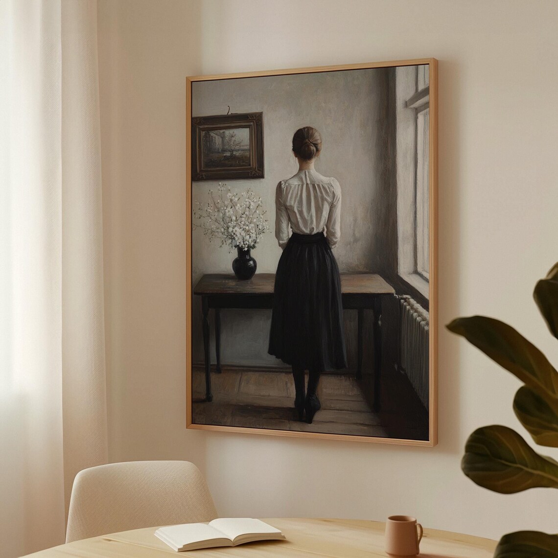 Elegant Woman From Behind Vintage Interior Portrait Muted Oil Painting Poster