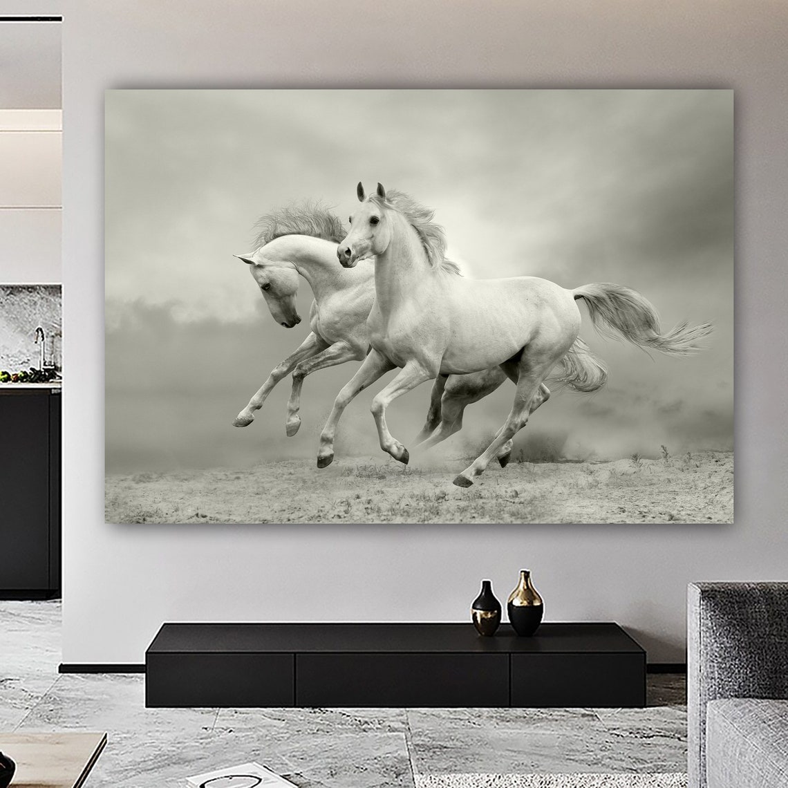 Two White Horses Galloping Misty Gray Monochrome Equine Art Poster