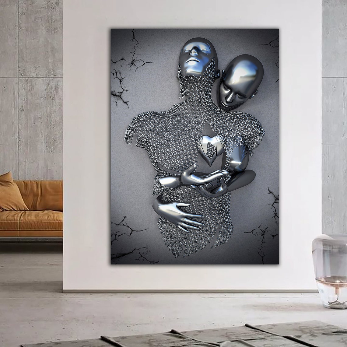 Silver Metal Lovers Holding Silver Heart 3D Wall Sculpture Poster