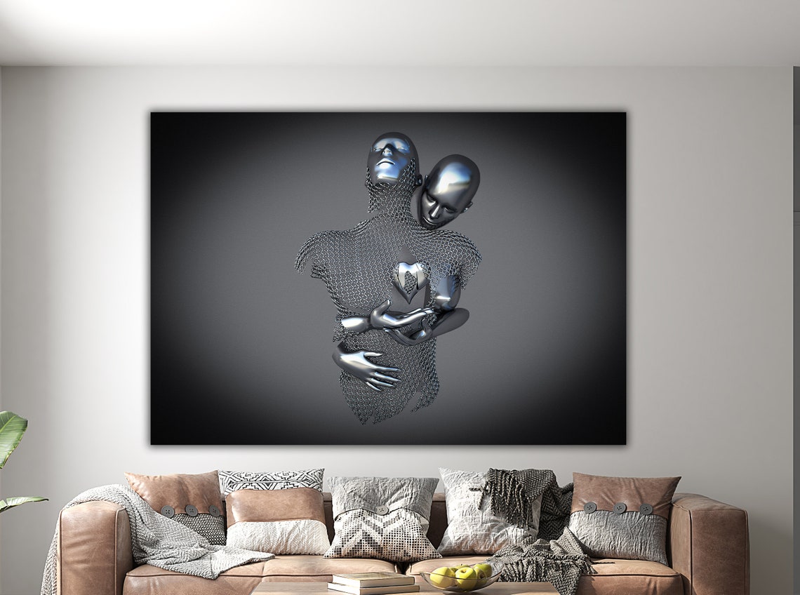 Chrome Couple Embrace Silver Heart Dark Background 3D Love Wall Art