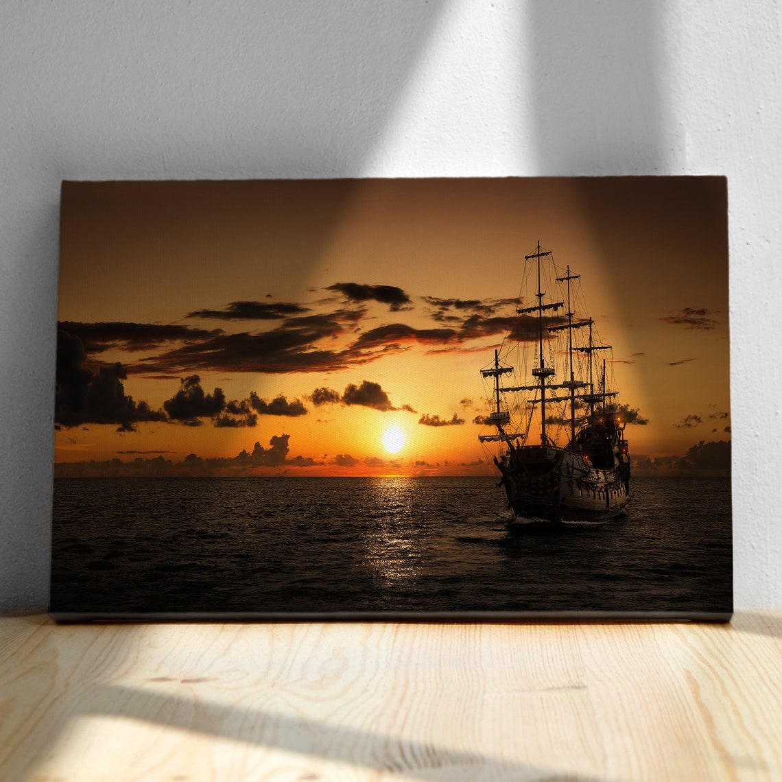 Pirate Ship At Sunset Open Ocean Golden Sky Dramatic Nautical Wall Art