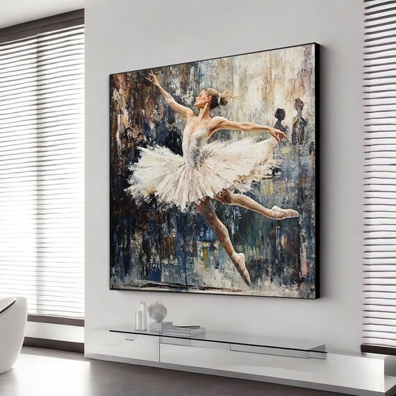 Ballerina White Tutu Mid Leap Dance Painting Dramatic Dark Backdrop Poster
