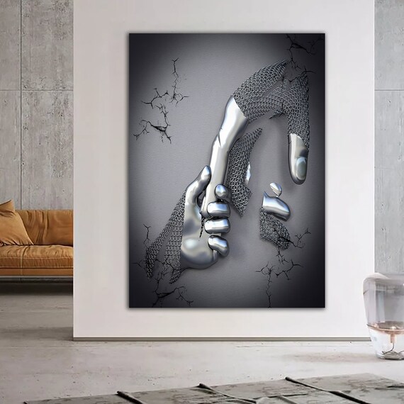 Hand Fist Painting Chain Fist Print 3d Effect Silver Glitter Textured Painting