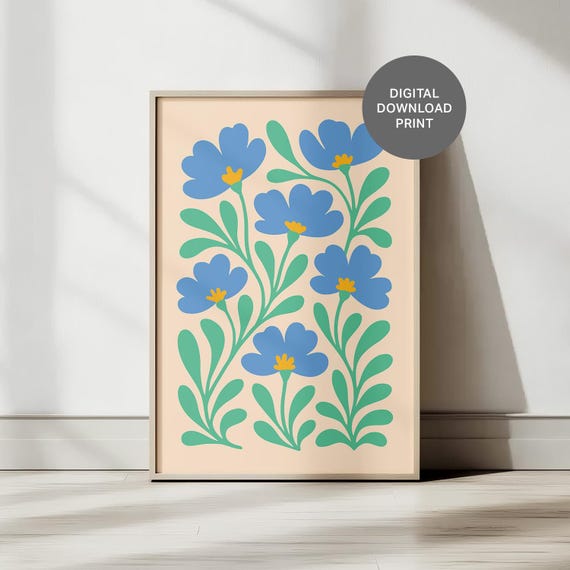 Blue Floral Wall Art Modern Girly Flower Poster