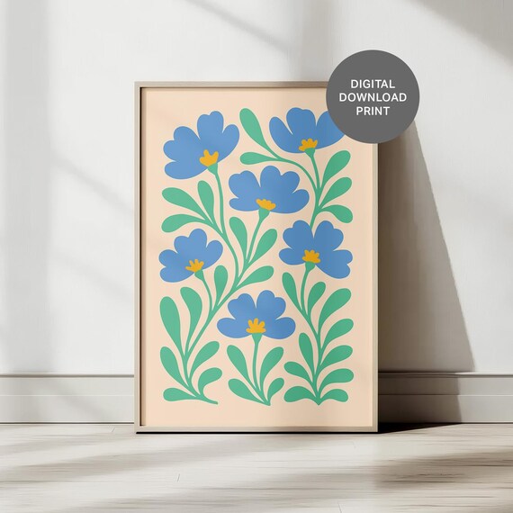 Calm Blue Folk Art Flowers on Soft Cream Botanical Serene Poster