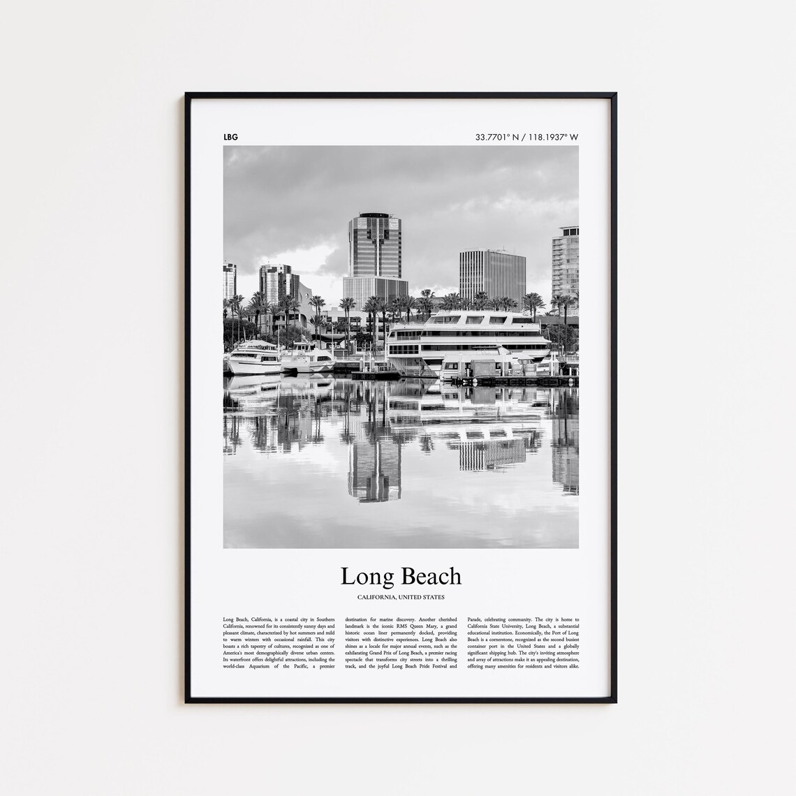 Long Beach California Black and White Marina Photography Travel Poster