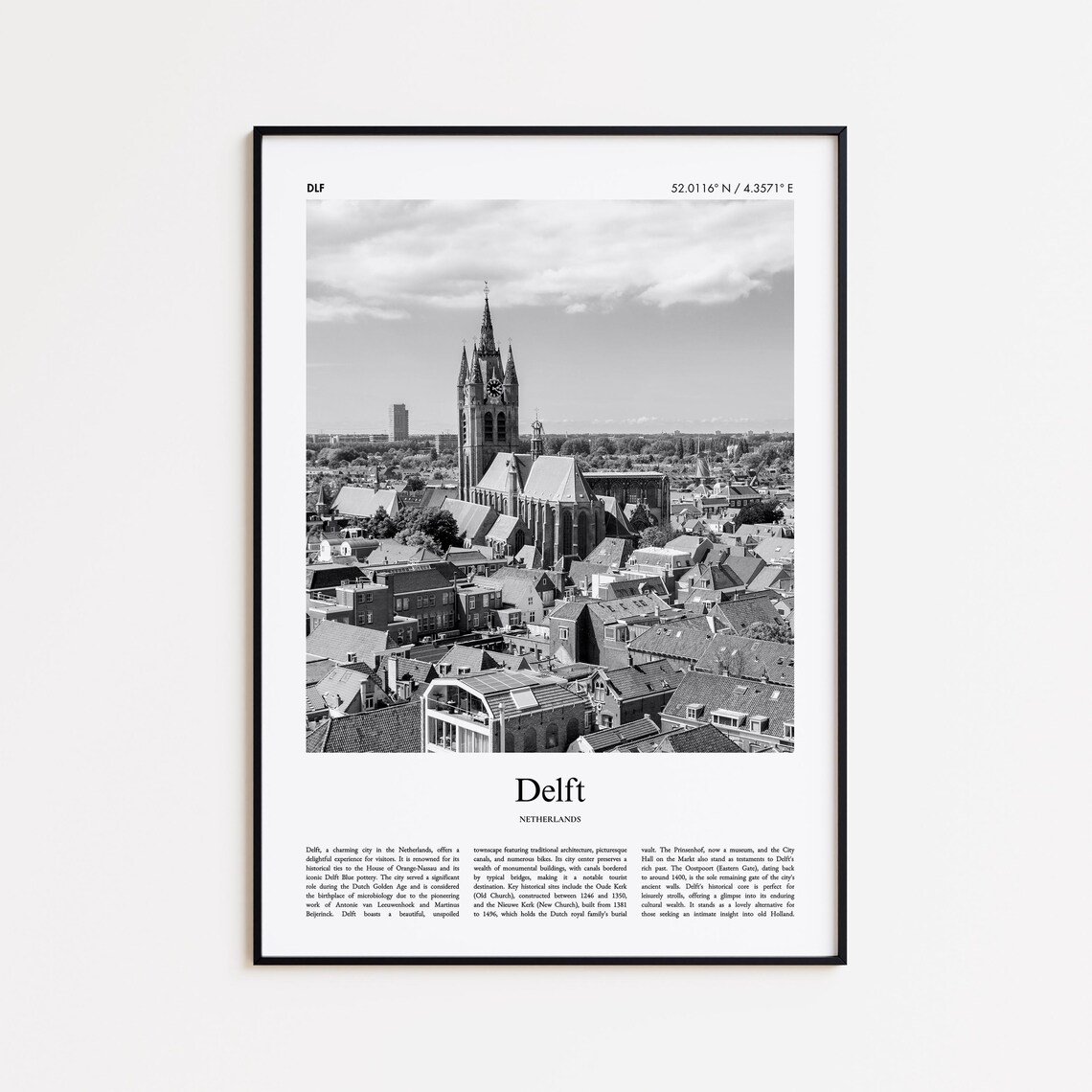 Delft Netherlands Black And White Old Town Church Tower Photo Poster