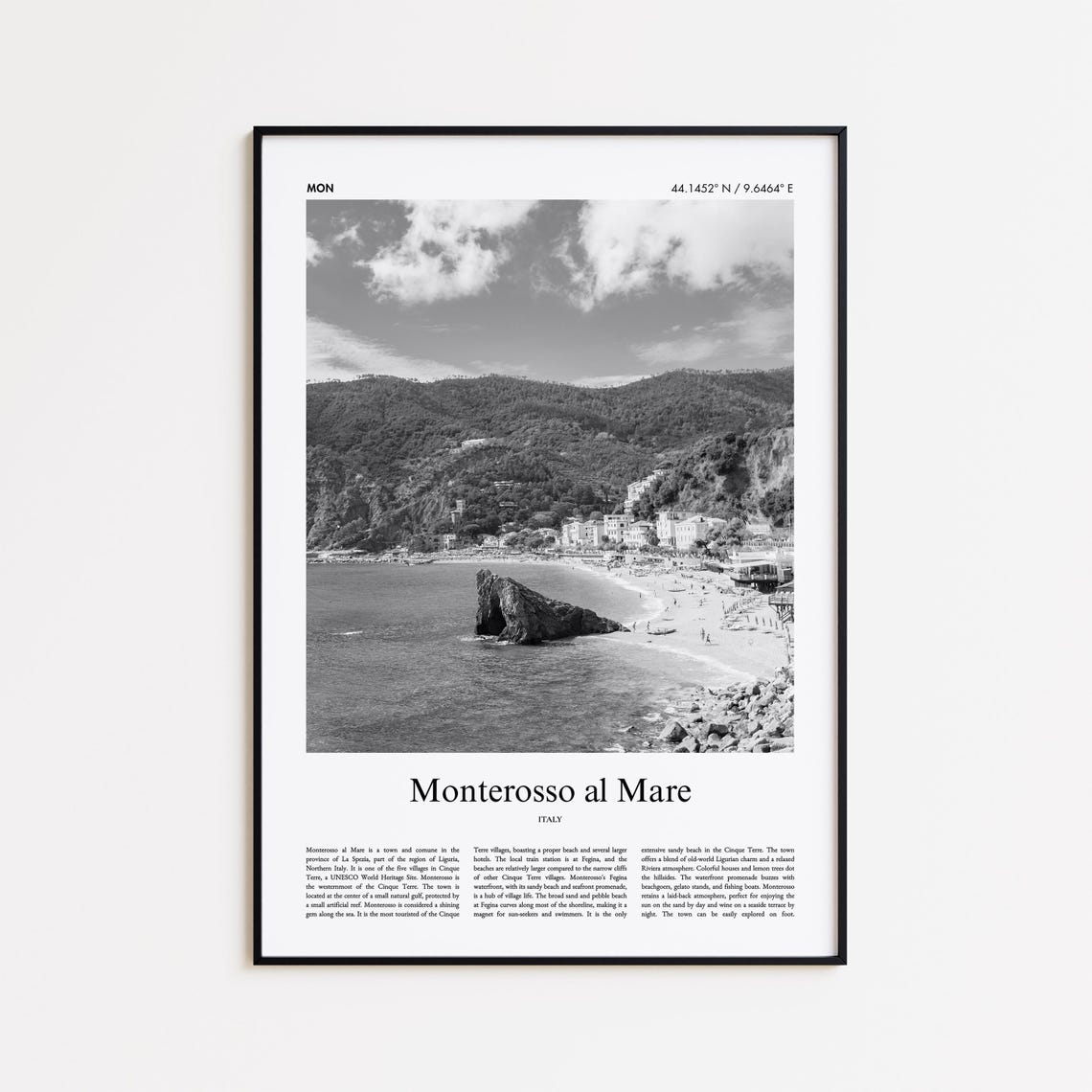 Monterosso al Mare Italy Black and White Beach Cinque Terre Poster