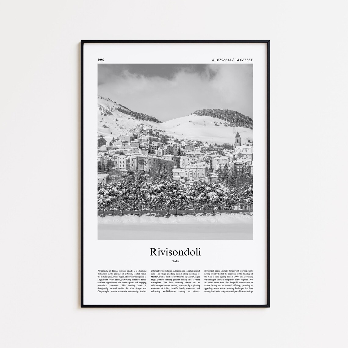 Rivisondoli Italy Snowy Alpine Village Black And White Travel Poster