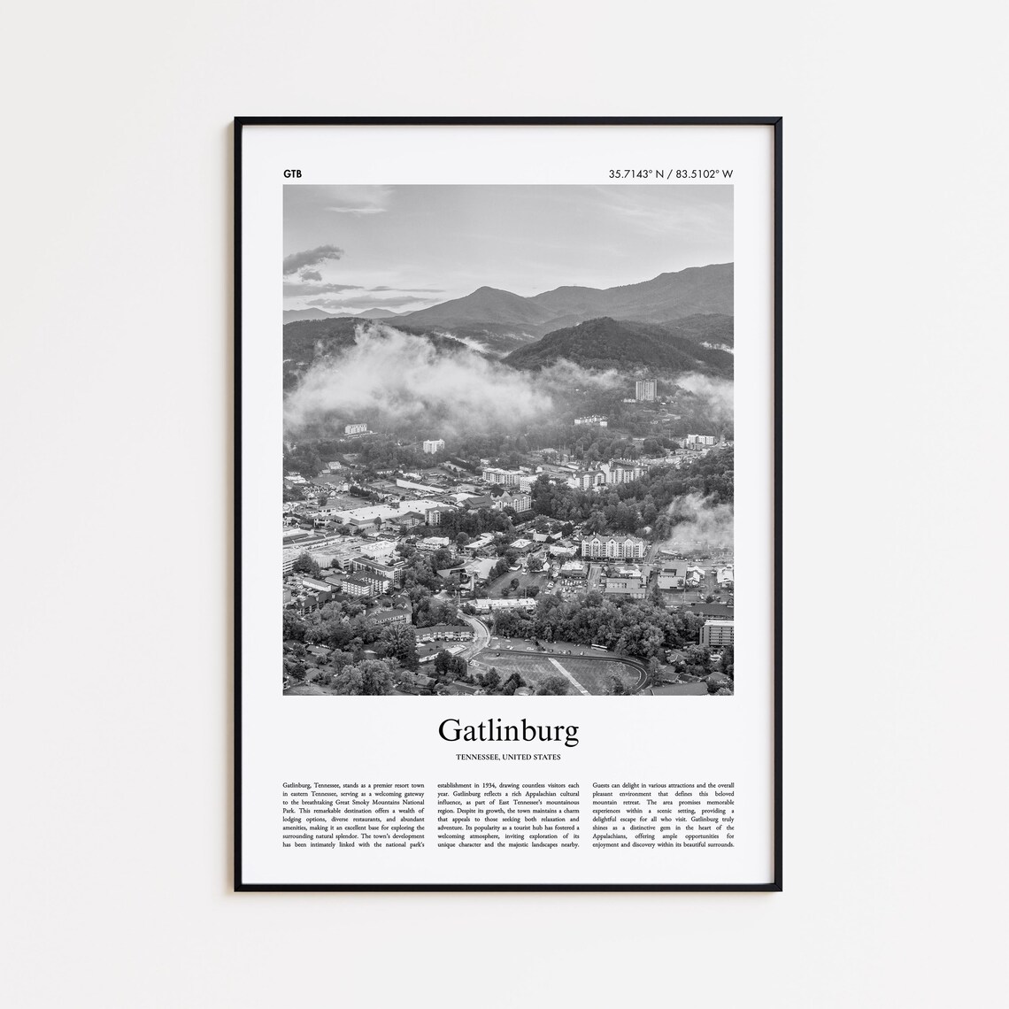 Gatlinburg Tennessee Black and White Travel Poster Smoky Mountains View