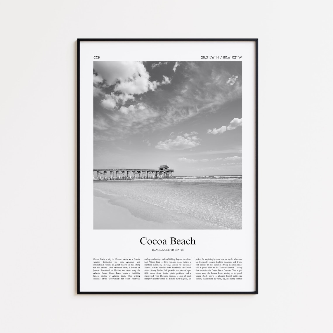 Cocoa Beach Florida Fishing Pier Atlantic Surf Black White Photo Poster