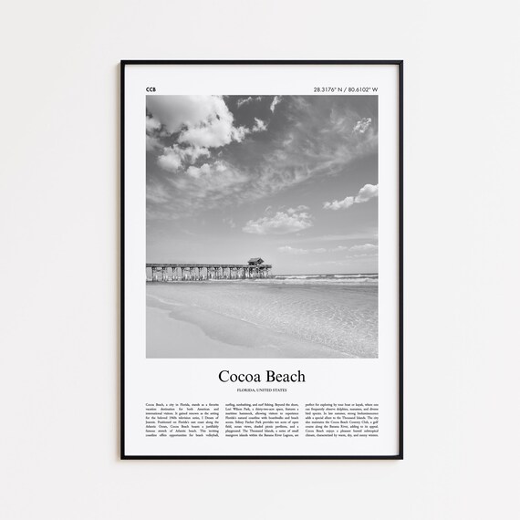 Cocoa Beach Florida Fishing Pier Atlantic Surf Black White Photo Poster