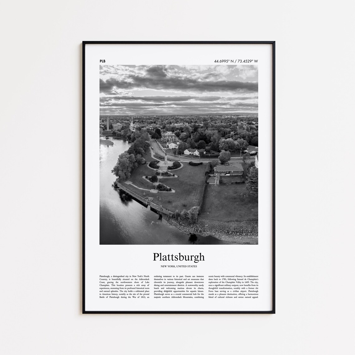 Plattsburgh New York Black And White Aerial Photo Poster Lake Champlain