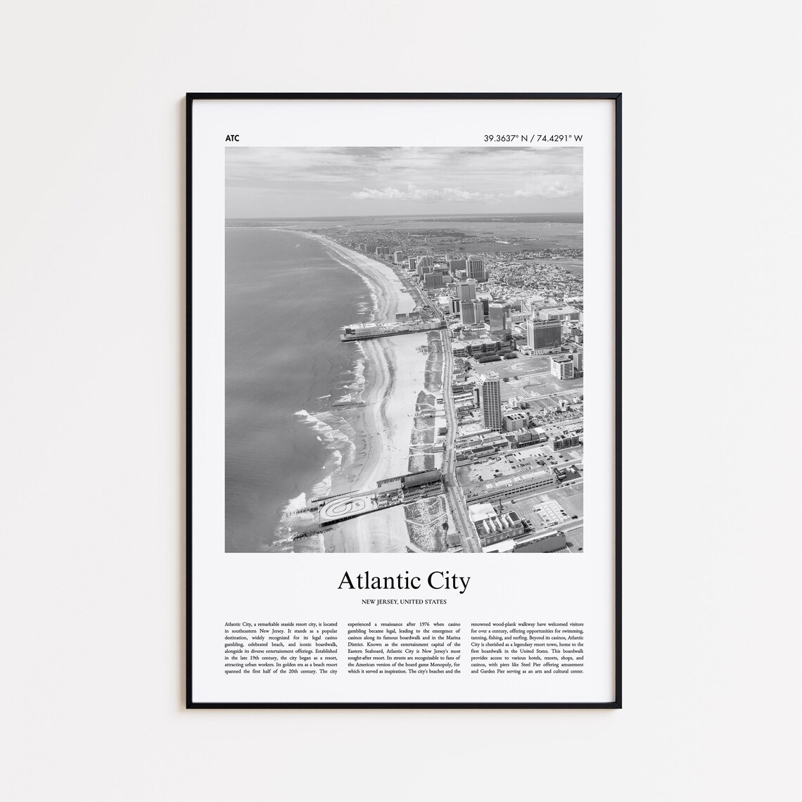 Atlantic City New Jersey Beach Boardwalk Aerial Black White Travel Poster