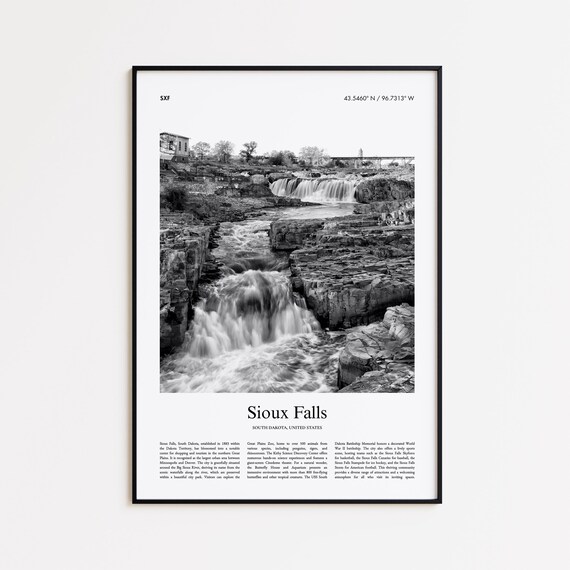 Sioux Falls South Dakota Waterfall Black and White Photo Poster