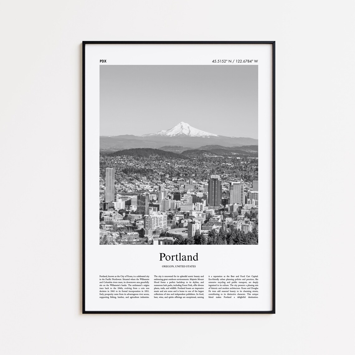 Portland Oregon Downtown Mount Hood Black White Photography Travel Poster