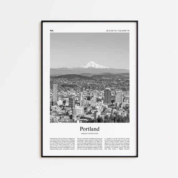 Portland Oregon Downtown Mount Hood Black White Photography Travel Poster