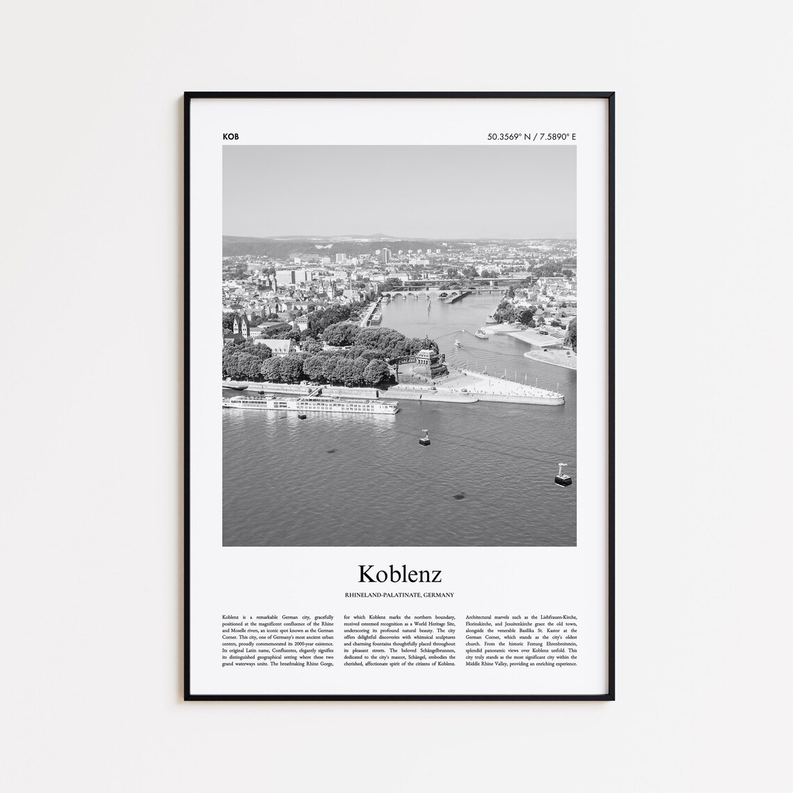 Koblenz Germany Black And White Rhine Confluence Aerial Photo Poster