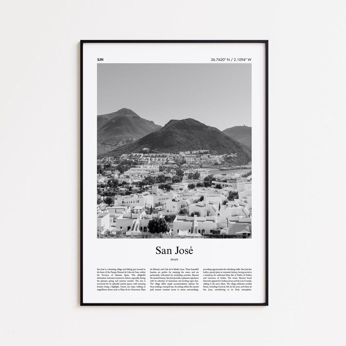 San Jose Spain Black and White Coastal Village Photography Poster