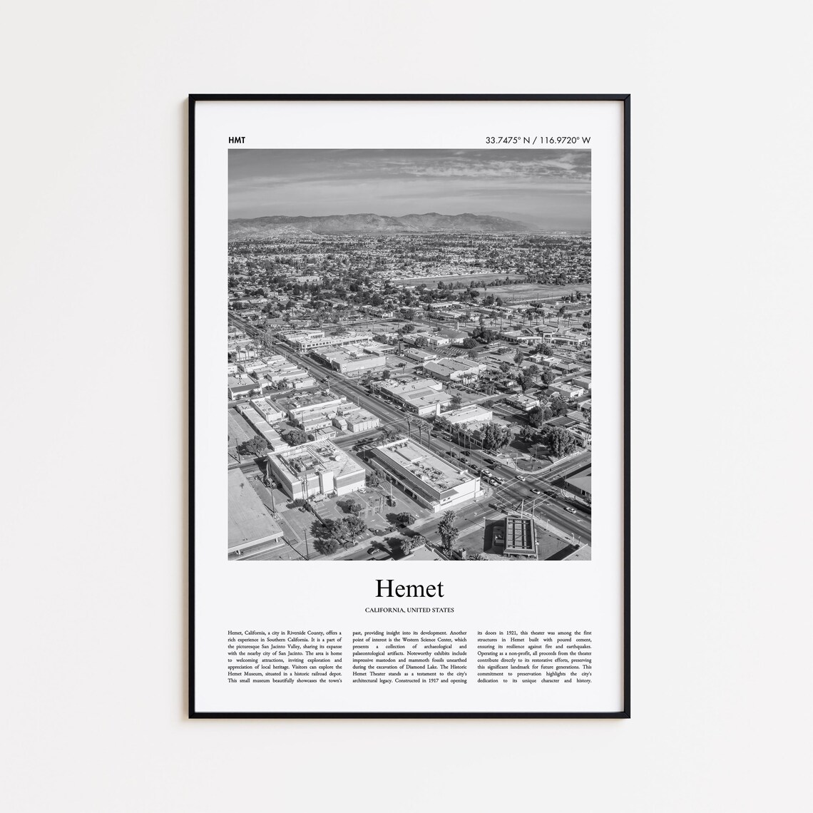 Hemet California Aerial Cityscape Black And White Travel Poster