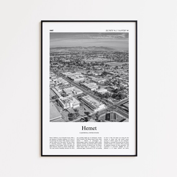 Hemet California Aerial Cityscape Black And White Travel Poster