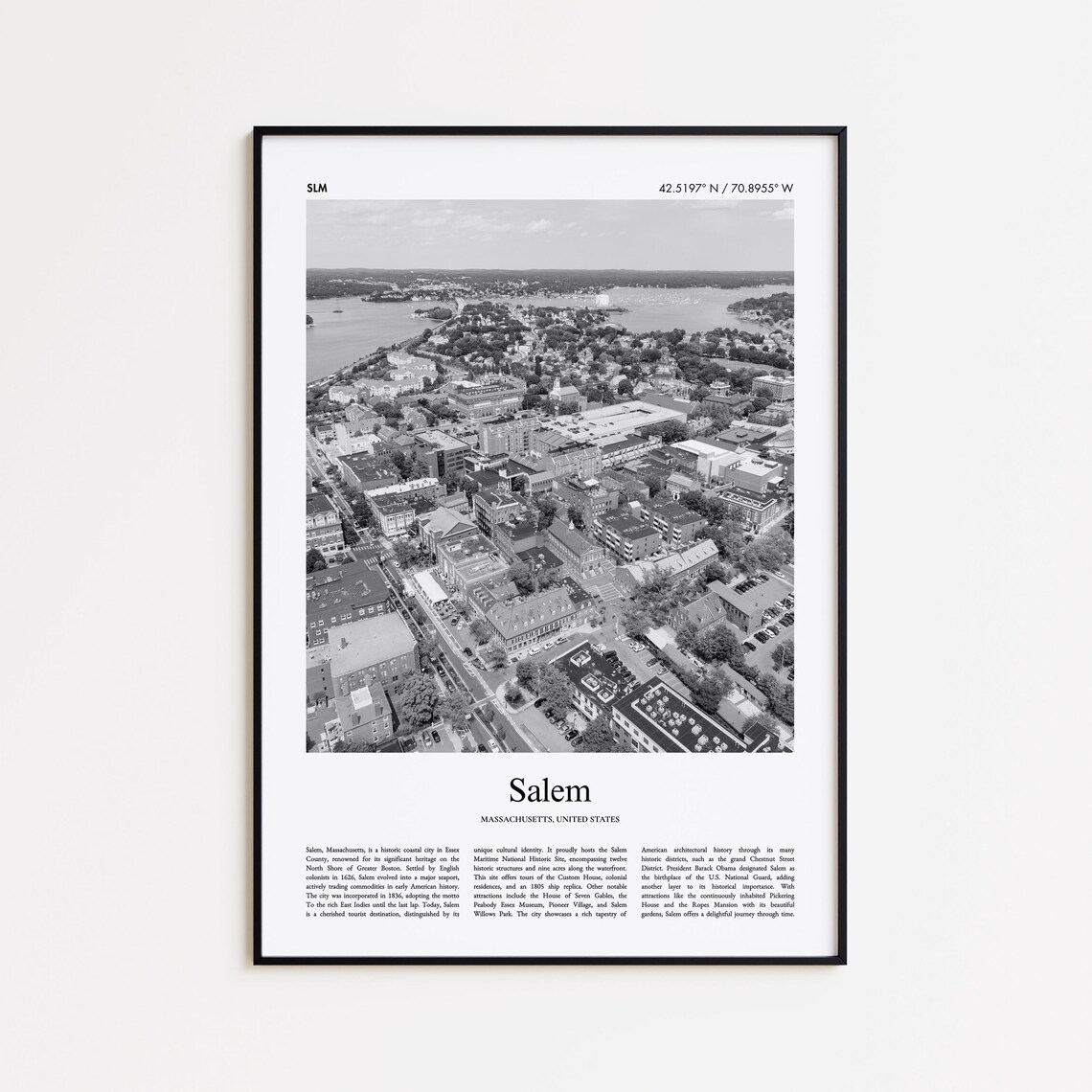 Salem Massachusetts Black And White Aerial City Photo Poster