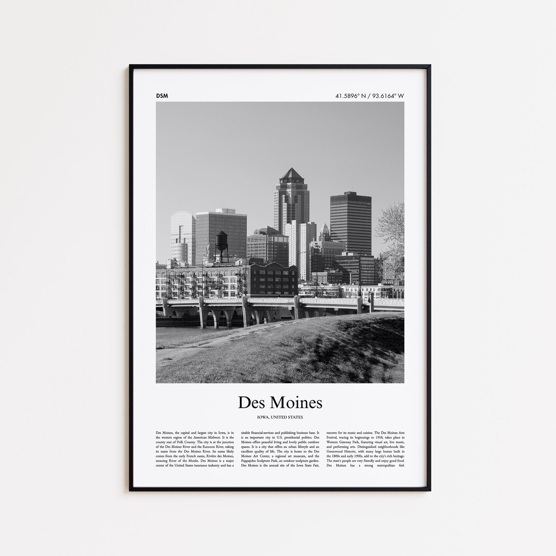 Des Moines Iowa Downtown Black And White Photo Travel Poster