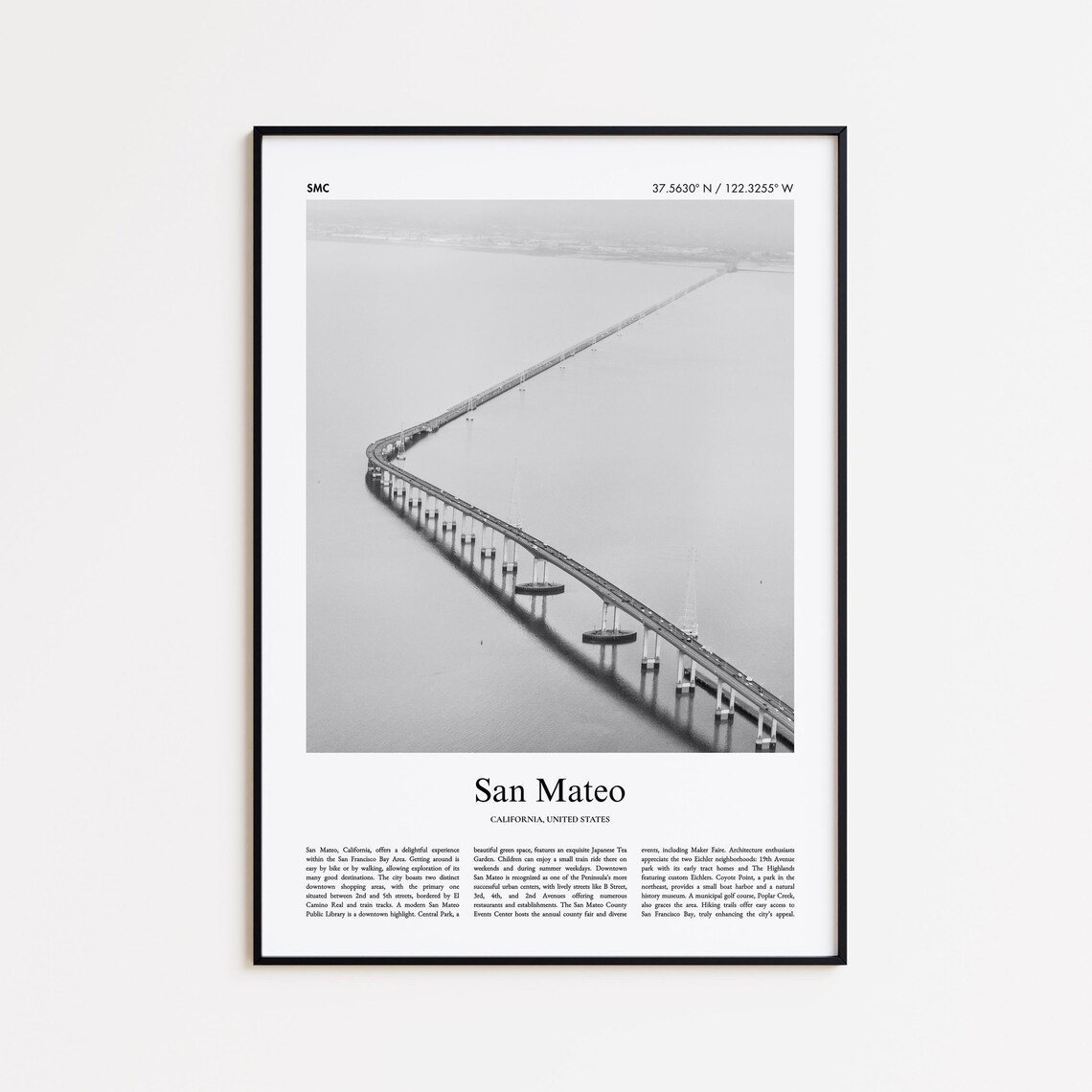 San Mateo California Bay Bridge Black And White Photo Travel Poster