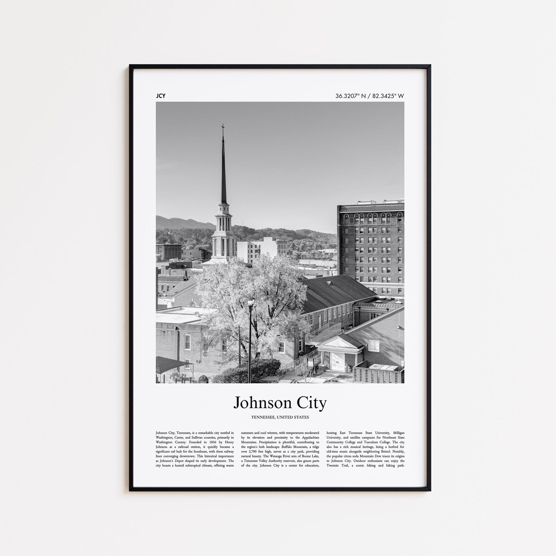 Historic Johnson City Tennessee Steeple Black White Photo Poster