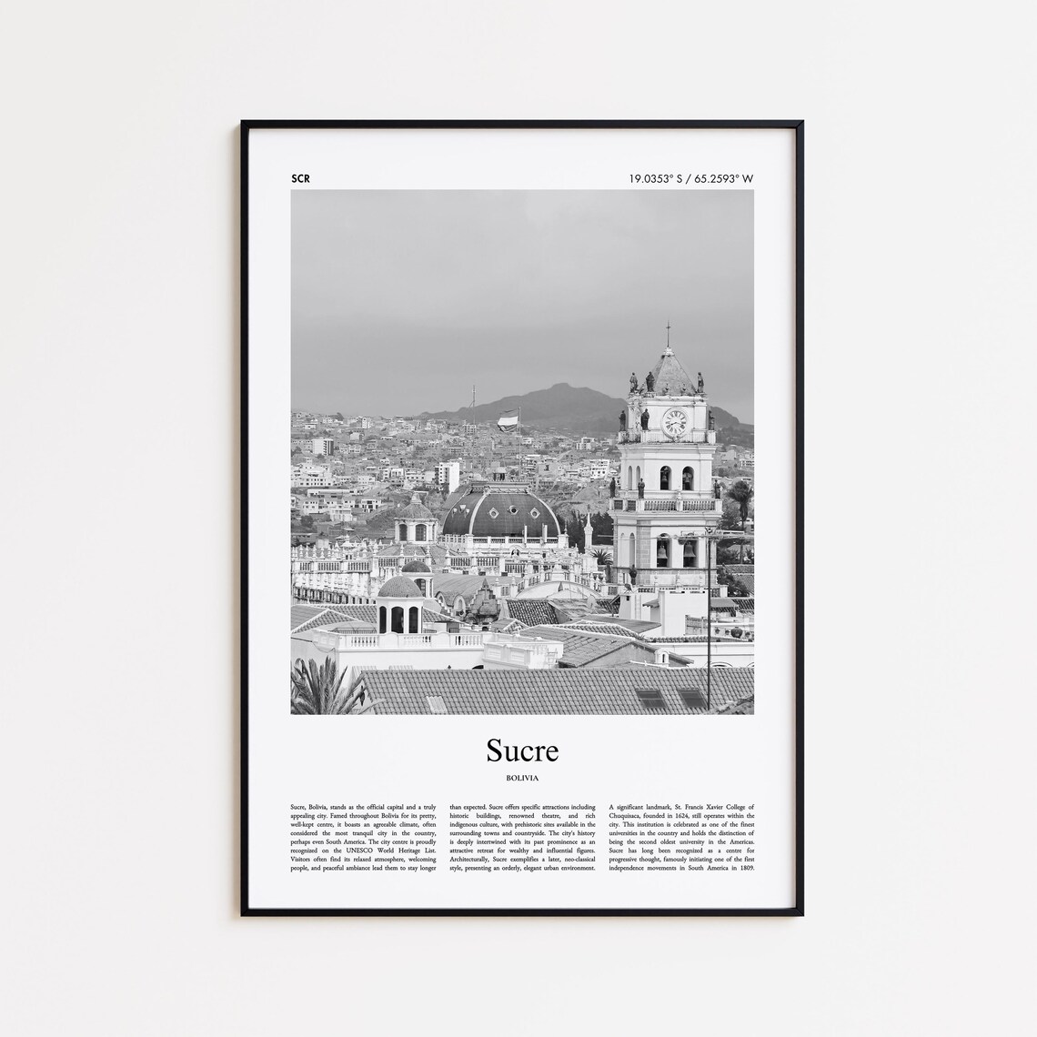 Sucre Bolivia Black and White Historic City Photo Travel Poster