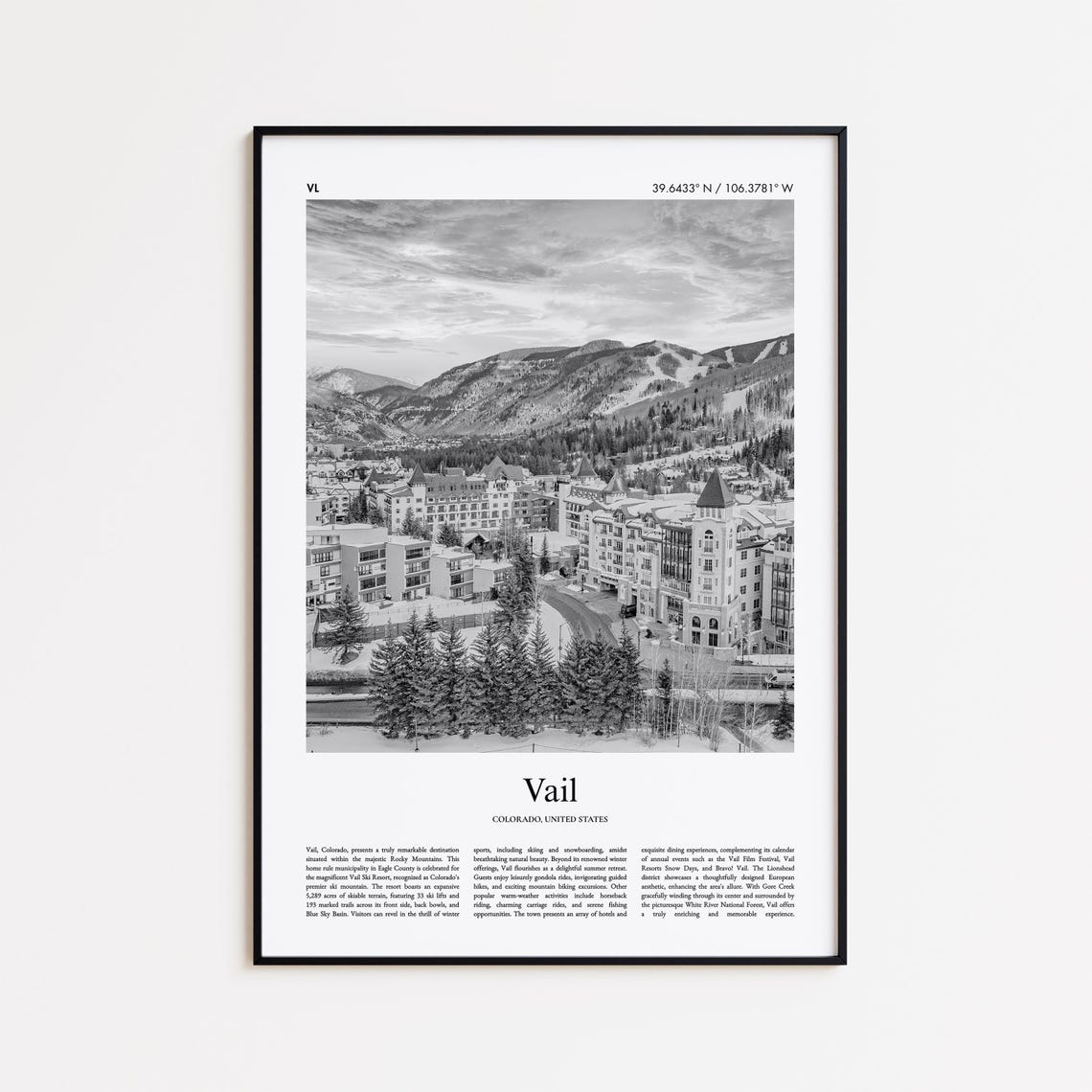 Vail Colorado Village Aerial Black And White Mountain Poster
