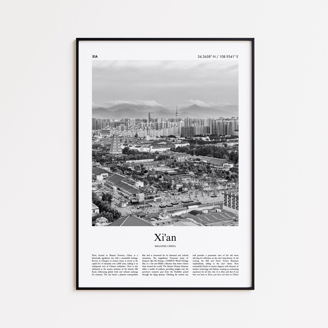 Xian Ancient City Skyline Black And White Minimal Travel Photo Poster