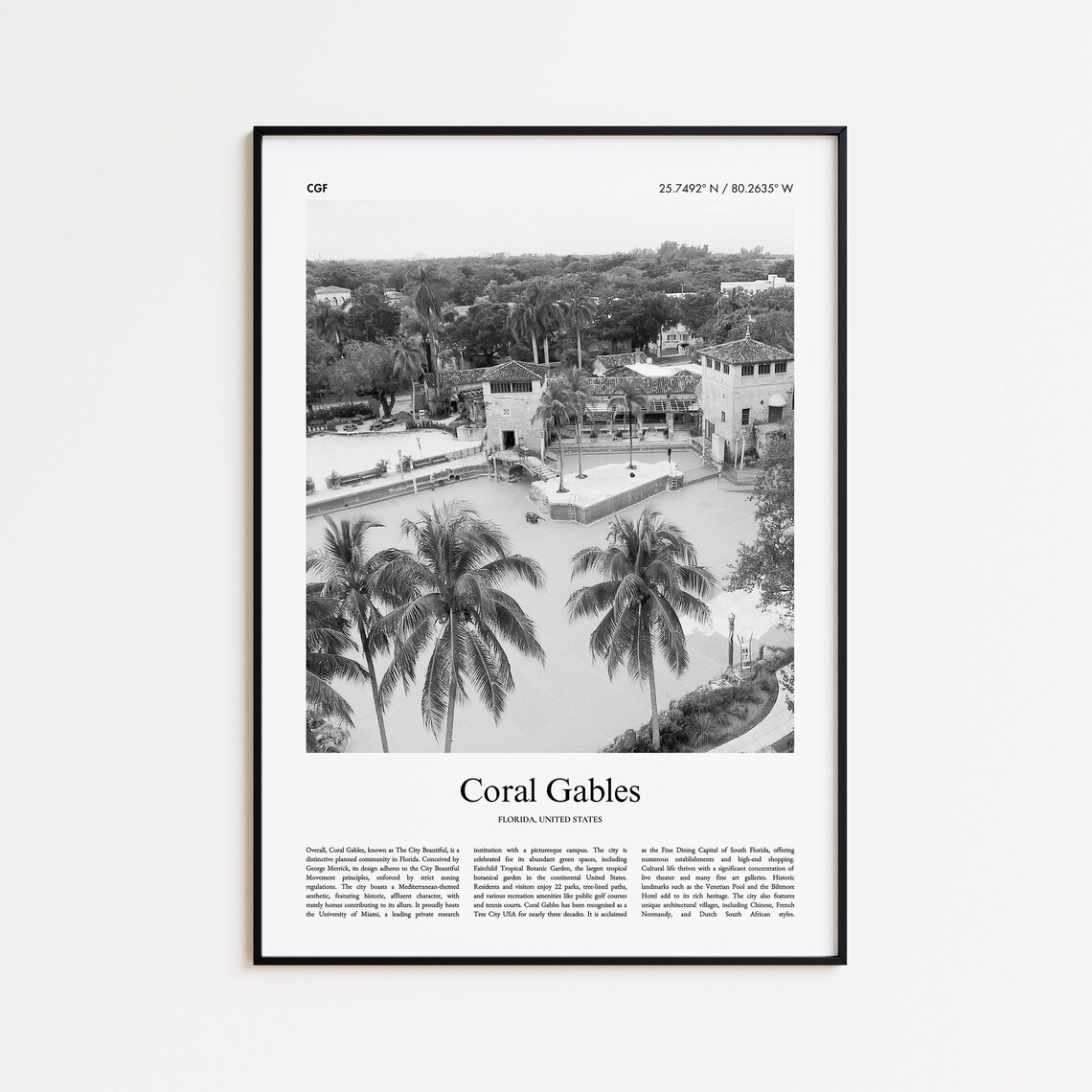 Coral Gables Florida Black and White Palm Plaza Travel Poster