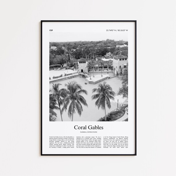 Coral Gables Black And White Print Photo Poster Travel Gift Florida United States Usa Wall Art