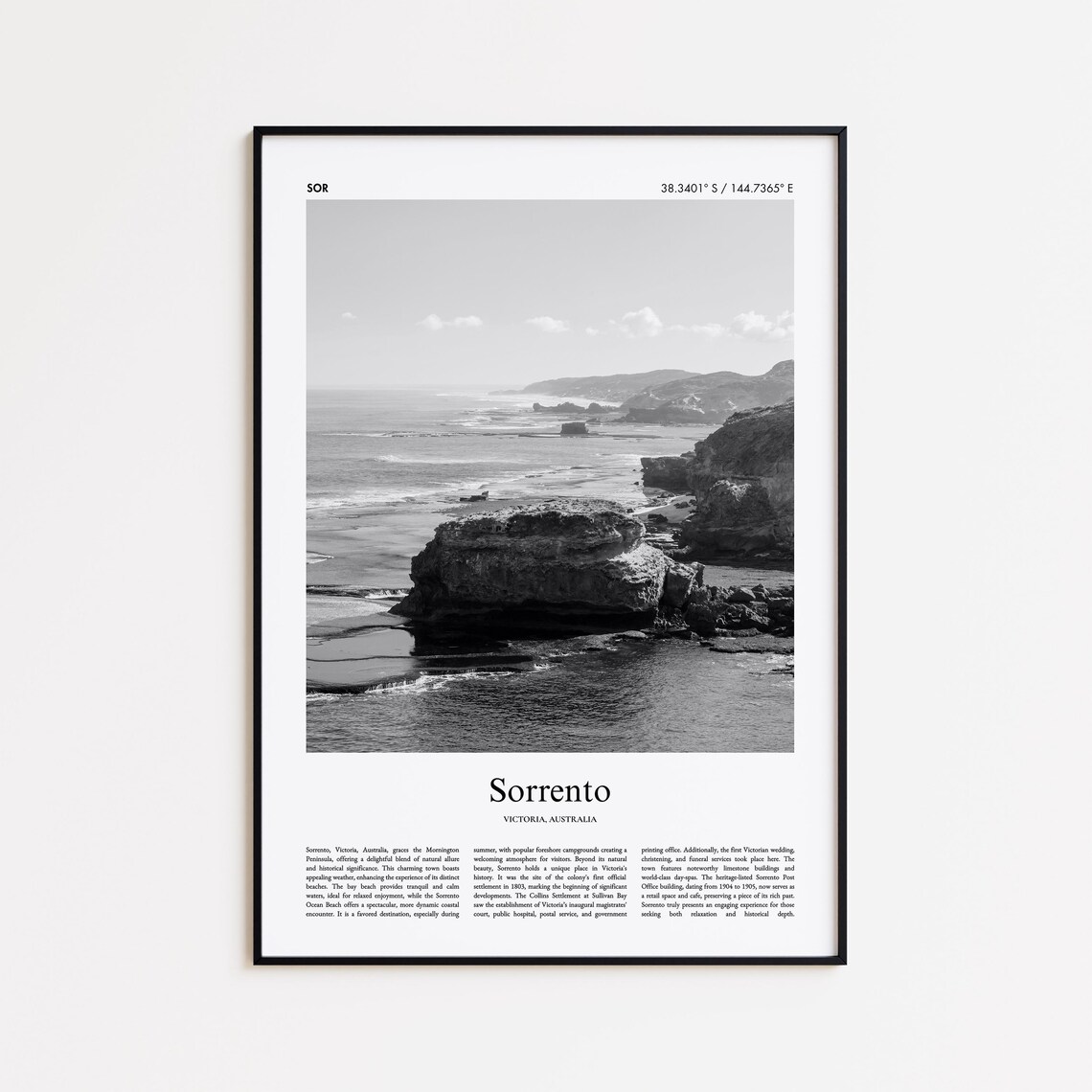 Sorrento Rocky Coastline Black and White Travel Photography Poster