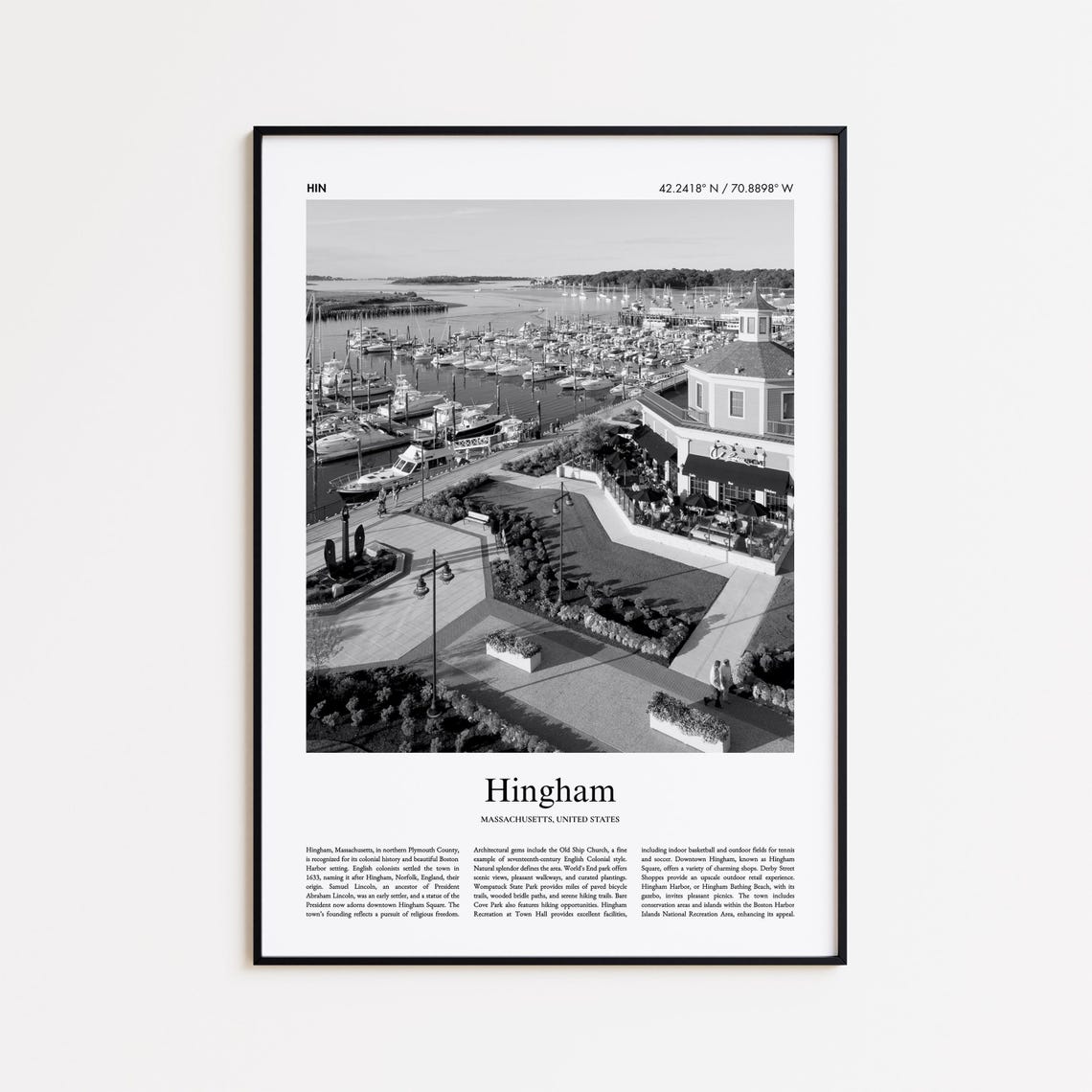 Hingham Massachusetts Black and White Harbor Sailboat Photo Poster