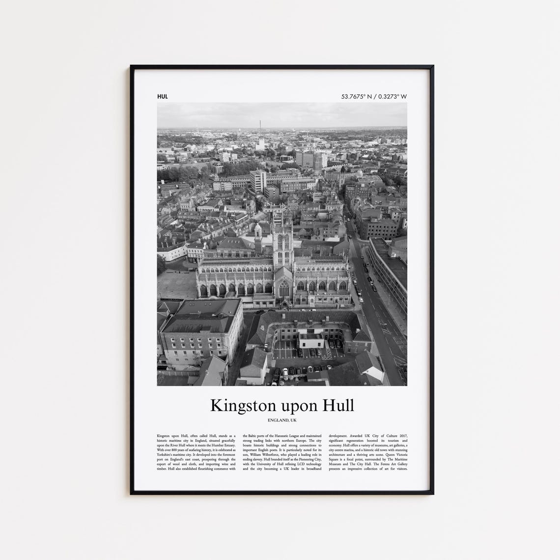 Kingston upon Hull England Black and White Photo Travel Poster