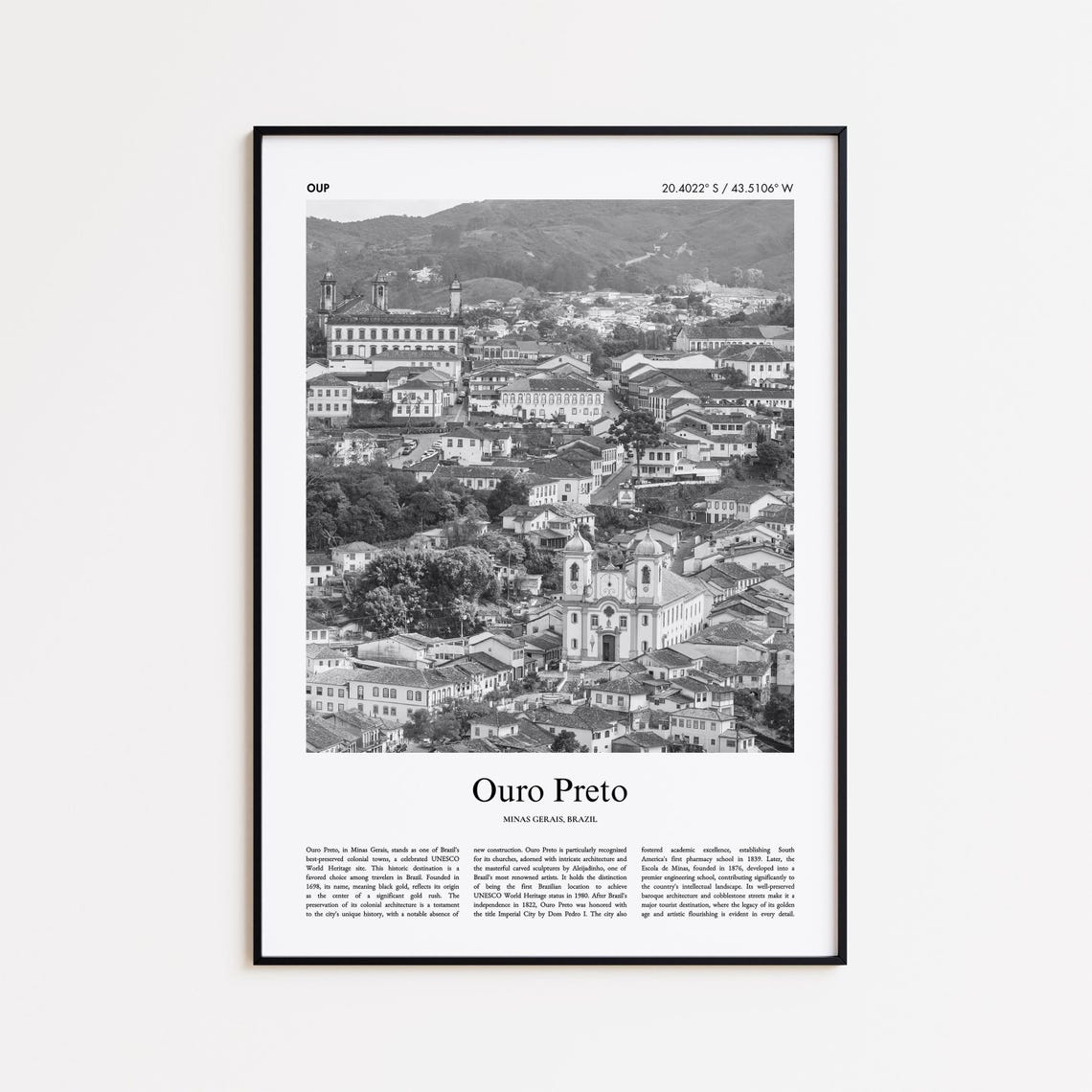 Ouro Preto Brazil Black And White Colonial Town Travel Poster