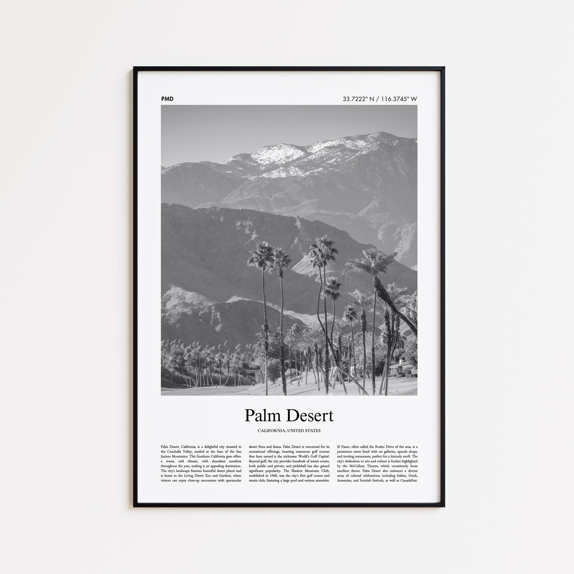 Palm Desert California Black and White Palm Mountains Travel Poster