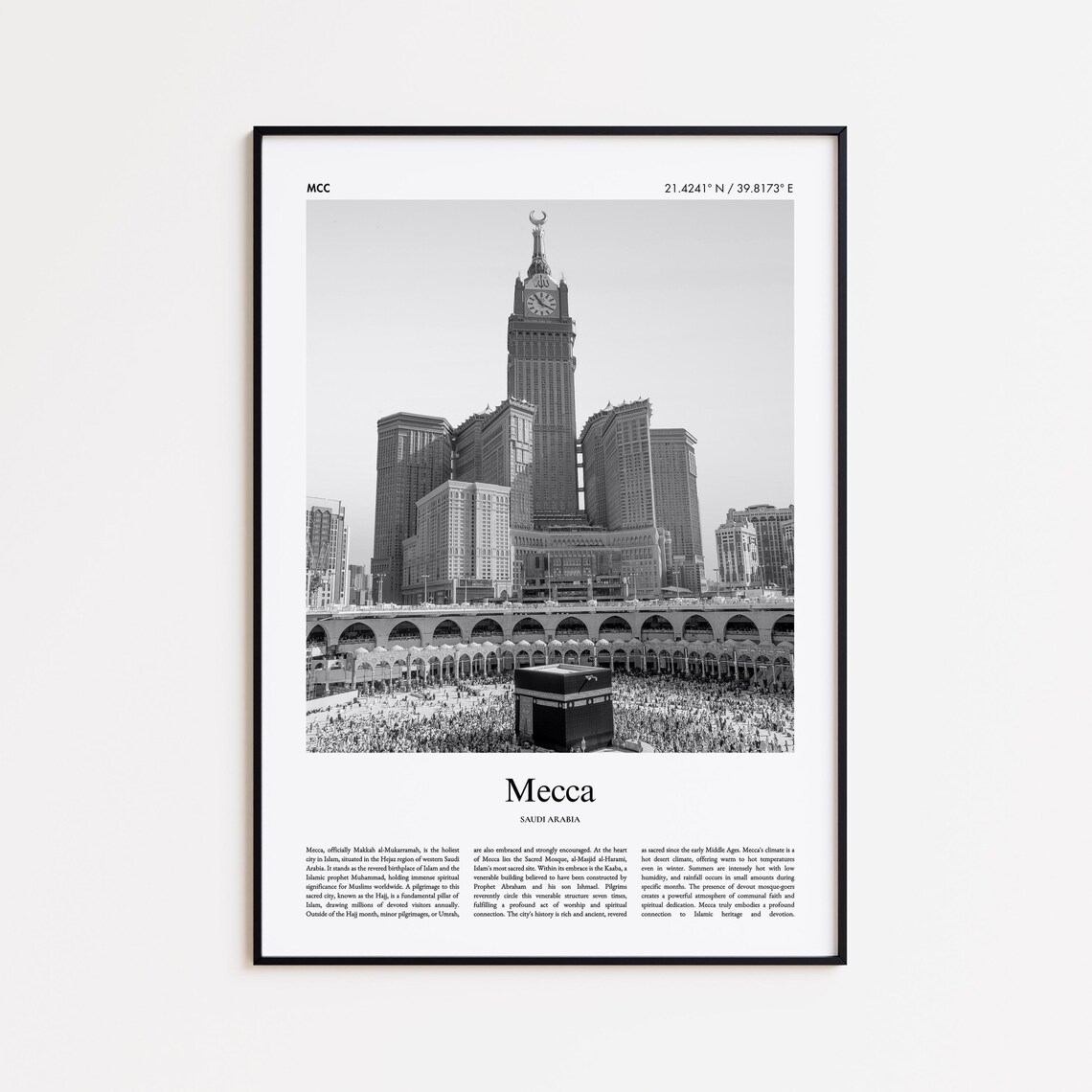 Mecca Saudi Arabia Kaaba Black and White Photo Travel Poster